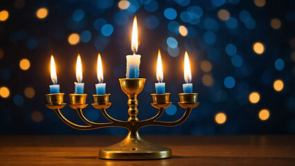 Fototapeta premium Hanukkah menorah with glowing candles and twinkling background lights