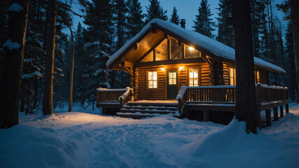 Holiday cabin in the woods surrounded by snow and warm lights