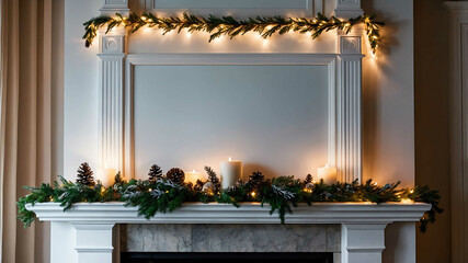 Holiday fireplace mantle decorated with pine garlands and twinkling lights