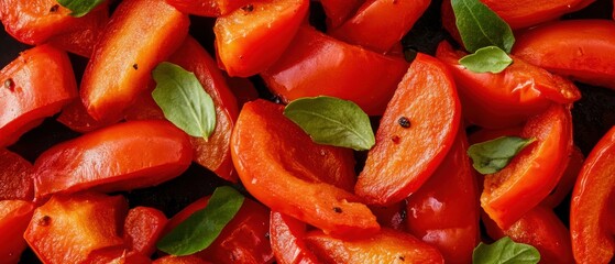Freshly cut red tomatoes garnished with green basil leaves, perfect for salads, sauces, and healthy meals.