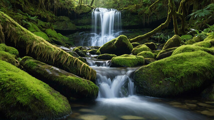 Fototapeta premium Lush waterfall cascading down mossy rocks into a clear pool