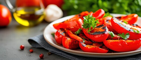Fresh grilled red peppers on a plate, garnished with herbs, perfect for healthy meals and vibrant culinary presentations.