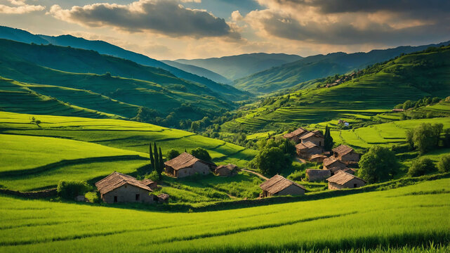 Lush green valley with rolling hills and a traditional village