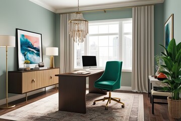 Fototapeta premium Stylish Home Office Mockup Showcasing Contemporary Interior Design and Vibrant Details