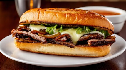 Delicious sandwich featuring tender beef, melted cheese, fresh greens, and flavorful toppings, perfect for a hearty meal.