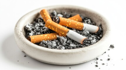 Three cigarette butts in an ashtray filled with ash.