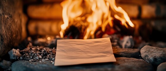 An empty envelope resting on stones in front of a vibrant fire, creating a cozy and warm atmosphere for intimate moments.