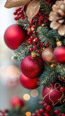 Obraz premium Beautifully decorated Christmas tree with red ornaments, pine branches, and golden accents, creating a festive holiday atmosphere.