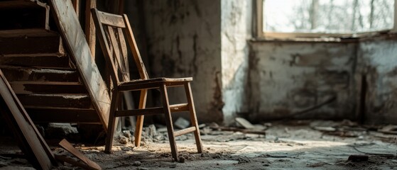 An abandoned wooden chair rests in a dilapidated room, highlighting decay and neglect in a forgotten space with soft sunlight.