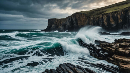 Obraz premium Rocky coastline with waves crashing against dramatic cliffs