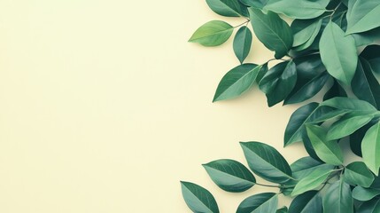 Green leaves on a yellow background with copy space.