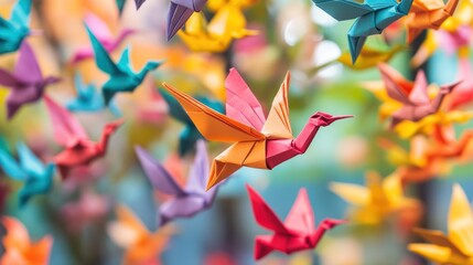 Colorful origami cranes flying in the air. © B 7 YOU