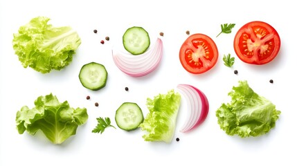 Obraz premium Creative layout made of tomato slice onion cucumber and lettuce leaves in the air. Food concept. Vegetables isolated on white background.