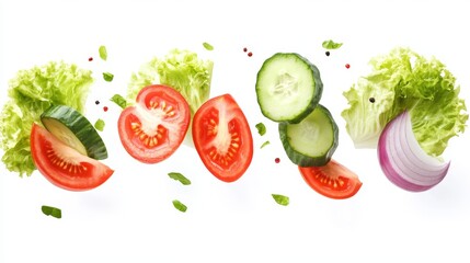 Creative layout made of tomato slice onion cucumber and lettuce leaves in the air. Food concept. Vegetables isolated on white background.