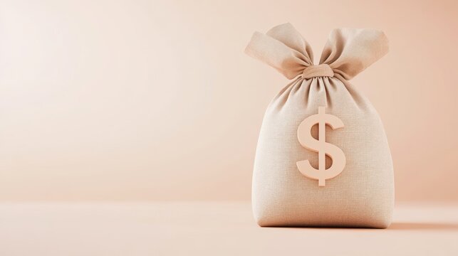A soft, beige money bag featuring a wooden dollar sign, symbolizing finance, savings, and prosperity in a minimalist style.