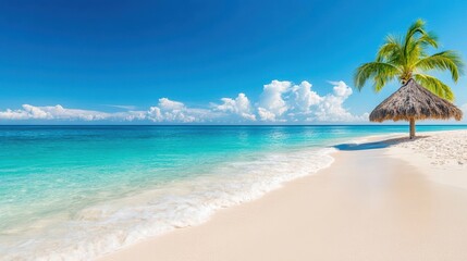 Fototapeta premium A serene tropical beach with a palm tree, white sand, and crystal-clear turquoise water under a beautiful blue sky.