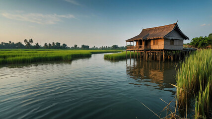 Fototapeta premium Serene riverbank with tall grass and a traditional stilt house nearby