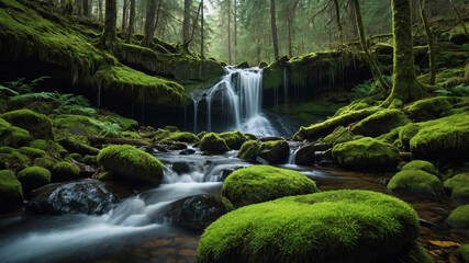 Obraz premium Serene waterfall cascading down moss covered rocks in a forest
