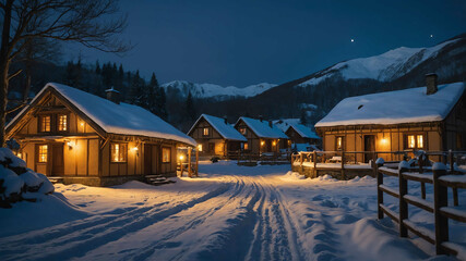 Fototapeta premium Snowy village scene with warmly lit cottages during winter holidays