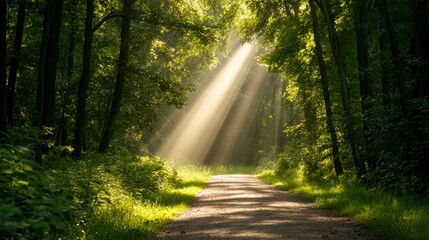 Obraz premium A serene forest pathway illuminated by sunlight, showcasing vibrant greenery and tranquil nature.