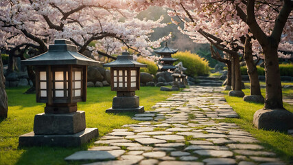Stone lanterns lining a peaceful garden path under cherry blossoms