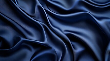 Obraz premium Dark blue silk satin. Soft folds. Fabric. Navy blue luxury background. Space for design.Wavy lines.Banner. Wide.Long. Flat lay top view table. Beautiful. Elegant. Birthday Christmas Valentines Day