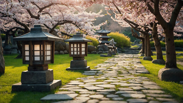 Stone lanterns lining a peaceful garden path under cherry blossoms
