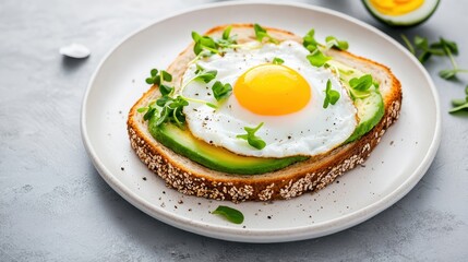 A delicious slice of toast topped with avocado, a sunny-side-up egg, and fresh greens, perfect for a healthy breakfast.