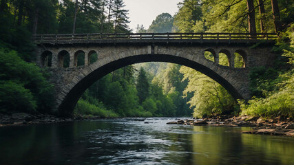 Fototapeta premium Traditional arch bridge spanning over a calm river in a forest