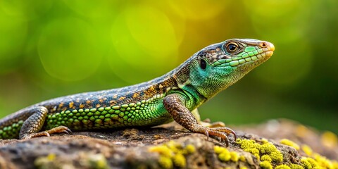 Fototapeta premium * On a weathered stone, a small, flat lizard stretches out, its texture and shape remarkably clear against