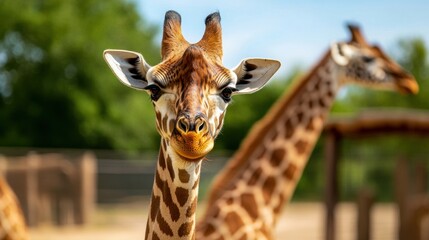 Fototapeta premium A close-up of a curious giraffe looking directly at the camera, surrounded by lush greenery in a natural habitat.