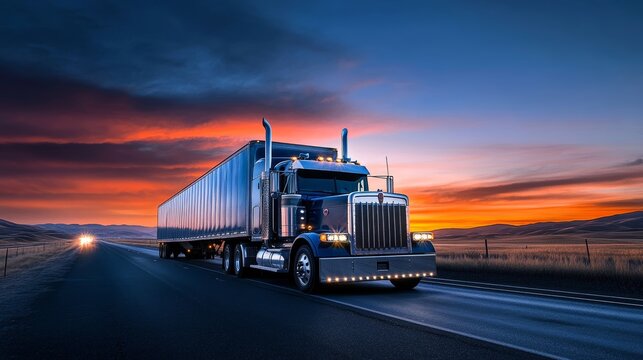 Industrial long hauler classic big rig dark blue semi truck tractor transporting cargo in refrigerator semi trailer driving on the highway road between the field in California at twilight