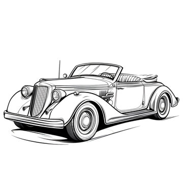 recommend clip art: A classic convertible car, drawn in black and white with a detailed design.