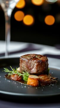 A beautifully plated gourmet steak served with vegetables, perfect for fine dining or culinary inspiration.