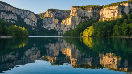 Fototapeta premium Tranquil lake reflecting towering limestone cliffs and clear skies