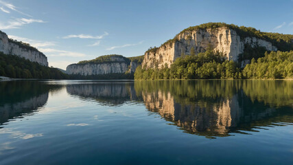 Fototapeta premium Tranquil lake reflecting towering limestone cliffs and clear skies