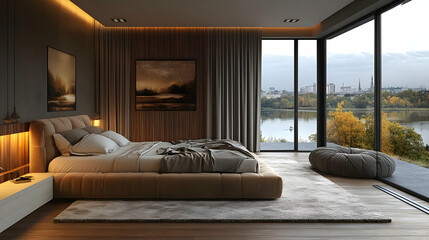 Modern bedroom with large windows overlooking a lake and city skyline.