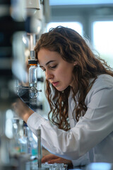 Scientist pouring water through filtration device, monitoring purification process, advanced lab setting visible