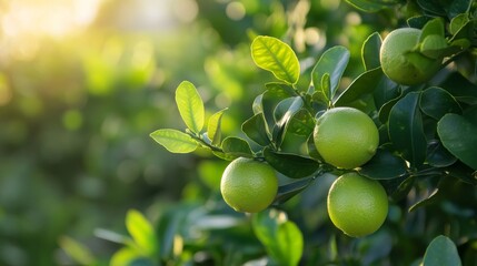 The key lime or acid lime is growing on tree in the agricultural field in the garden.