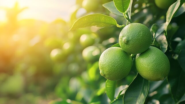 The key lime or acid lime is growing on tree in the agricultural field in the garden.