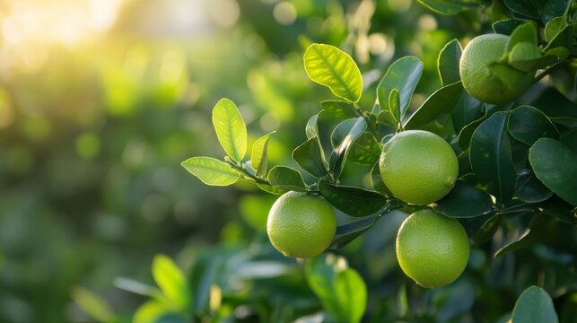 The key lime or acid lime is growing on tree in the agricultural field in the garden.