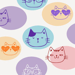 Seamless pattern with cute colorful Cats. Funny pet charactes Hand drawn vector illustration. Good for fabric, textile