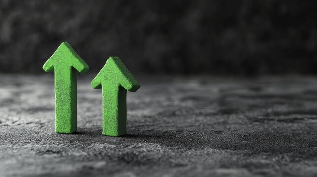 Photo of 2 green arrows made of plasticine pointing up. 3D mockup arrow sign pointing increasing direction on grey background. Development concept business success prosperity and growth.