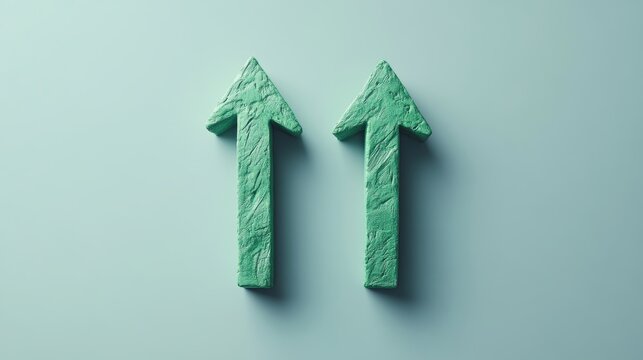 Photo of 2 green arrows made of plasticine pointing up. 3D mockup arrow sign pointing increasing direction on grey background. Development concept business success prosperity and growth. - Powered by Adobe
