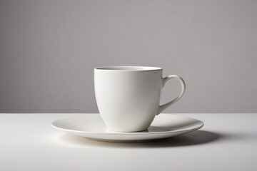 a white cup and saucer on a white table                            