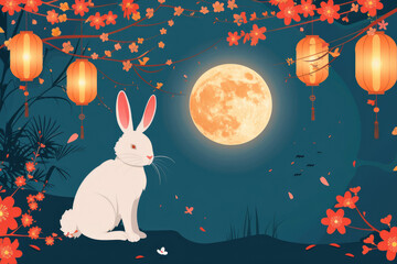 Traditional Chinese Festival: Mid-Autumn Festival, rabbit and moon illustration
