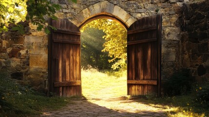 Old wooden open door in gates to ancient castle. Archway in stone fortress wall. Dark medieval woods doorway to summer sun light secret garden