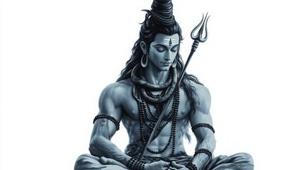 Fototapeta premium Characters of Lord Shiva, with a serene expression, holding a trident and a snake coiled around his neck, meditating in divine calm, white background 