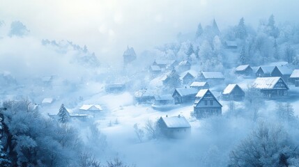 A snowy winter wonderland with a village nestled in the fog. The sun shines through the mist, illuminating the snow-covered rooftops and trees.