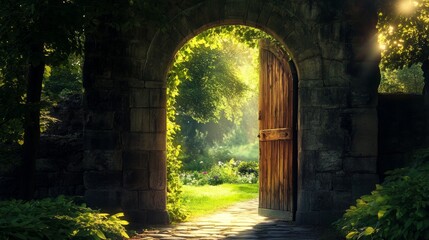 Old wooden open door in gates to ancient castle. Archway in stone fortress wall. Dark medieval woods doorway to summer sun light secret garden